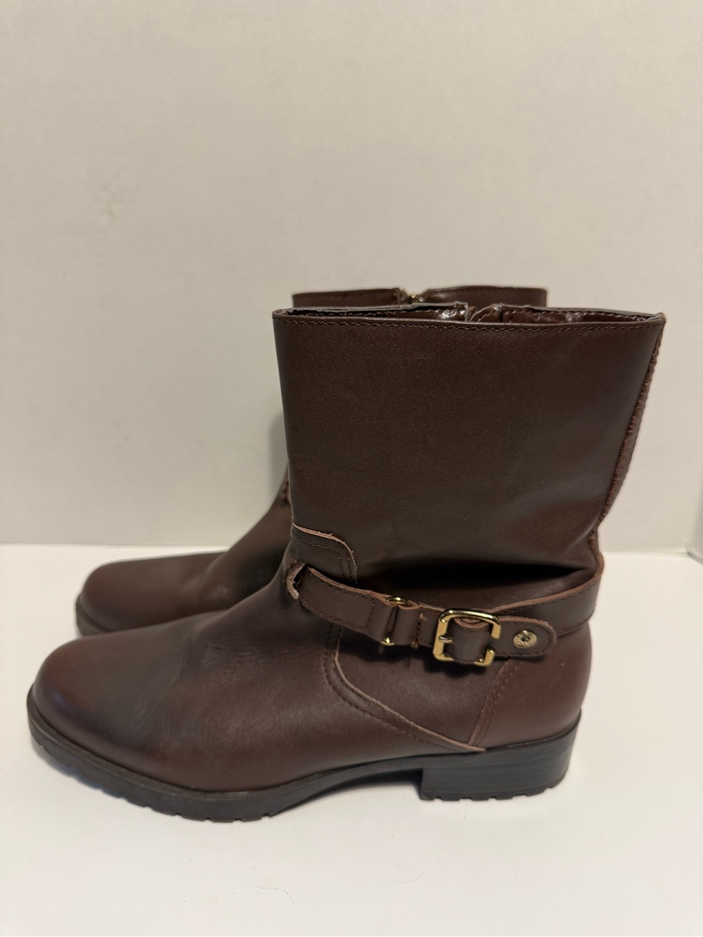 Anne Klein Crayton Brown Leather Mid-Calf Boots Buckle Side Zip ladies 8.5